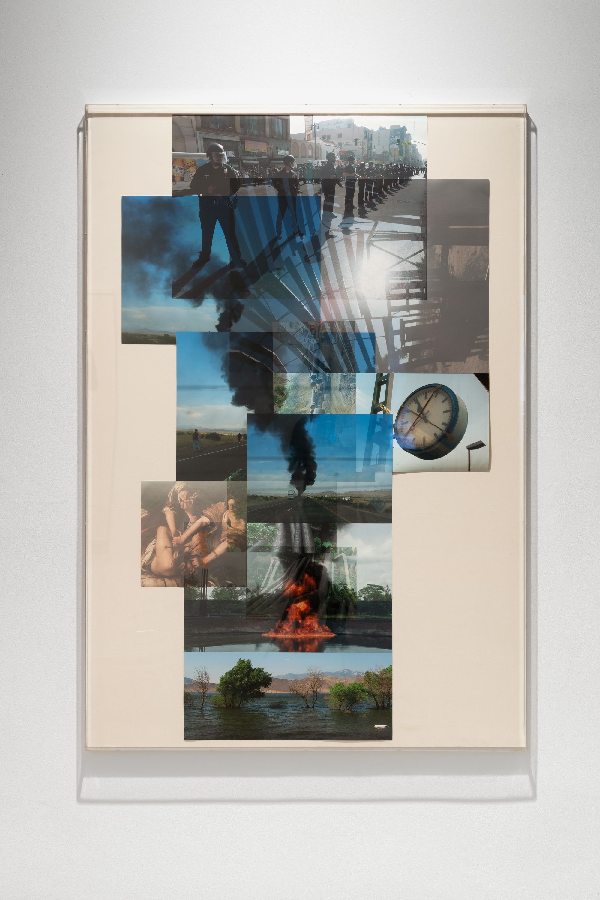 A.L. Steiner, If the rich win, the living will envy the dead (after Allan Sekula), 2023, Single color pigment print collages on linen, acrylic box, 177.2 ⁠× ⁠120.7 ⁠⁠cm