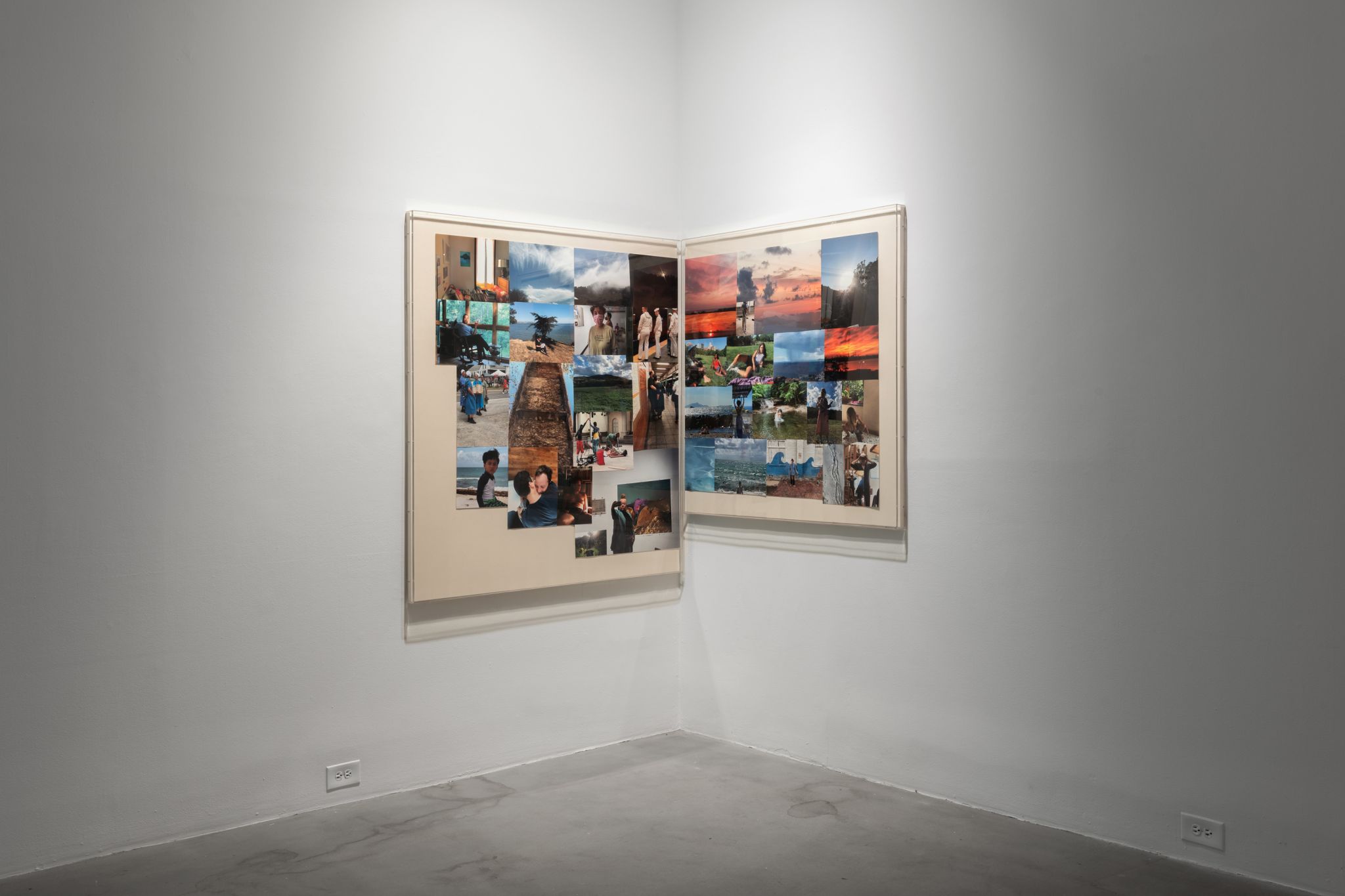 A.L. Steiner, Archive & survive (for Vandana), 2023, Two color pigment print collages on linen, acrylic boxes, 143.5 ⁠× ⁠156.2 ⁠cm, 128.3 ⁠× ⁠128.3 ⁠cm