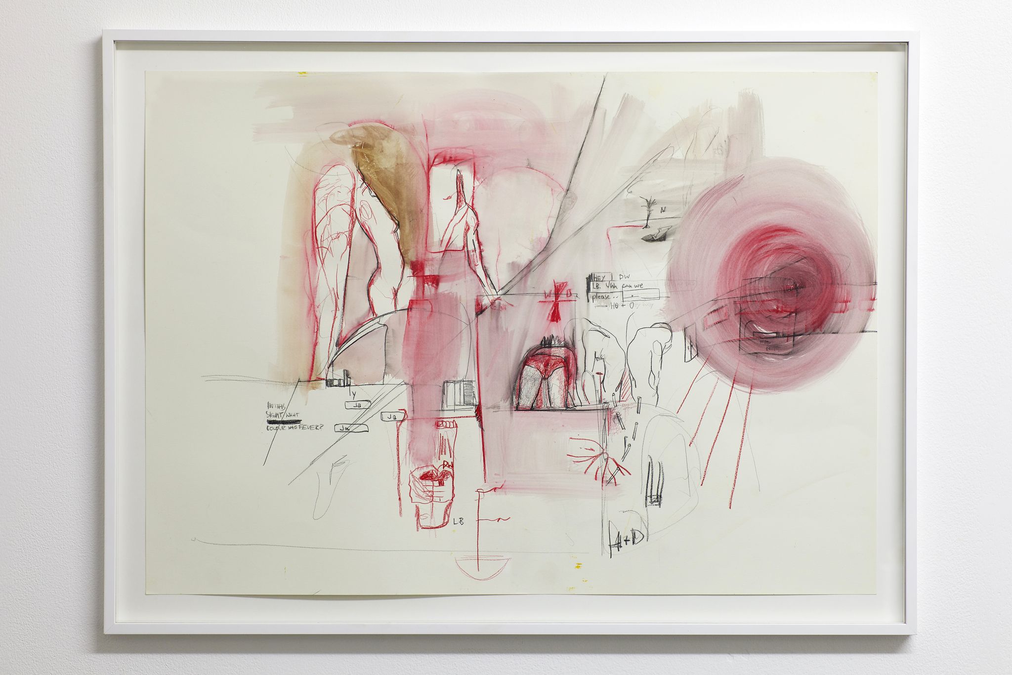 Anne Imhof, O, 2014, Watercolour, pastel, pencil on paper, 50 ⁠× ⁠70 ⁠⁠cm, 57,5×77,5 ⁠cm framed