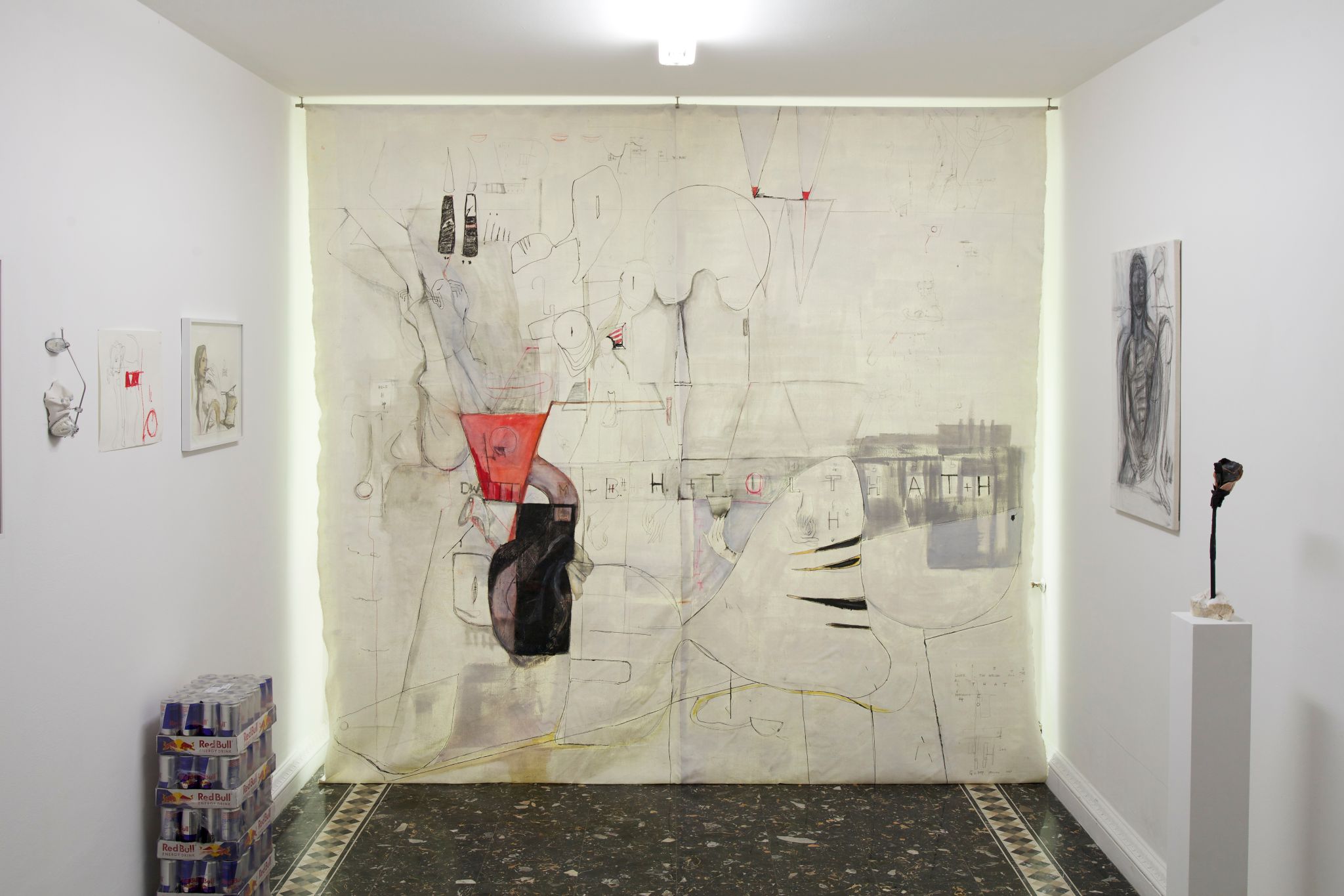 Anne Imhof, For Cabinet, for Rage, 2014, Oil, charcoal, pencil, pastel, acrylic on bourette silk, 274 ⁠× ⁠300 ⁠⁠cm