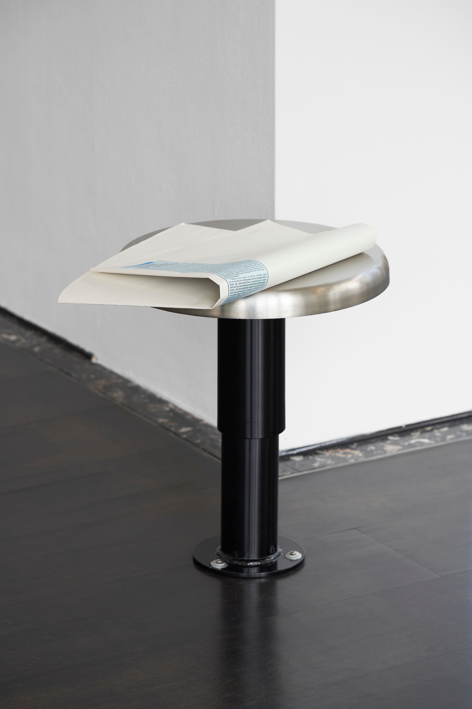 Sung Tieu, Untitled (In Cold Print), 2020, Floor mounted stainless steel stool, 47.5 ⁠× ⁠51 ⁠× ⁠36 ⁠⁠cm