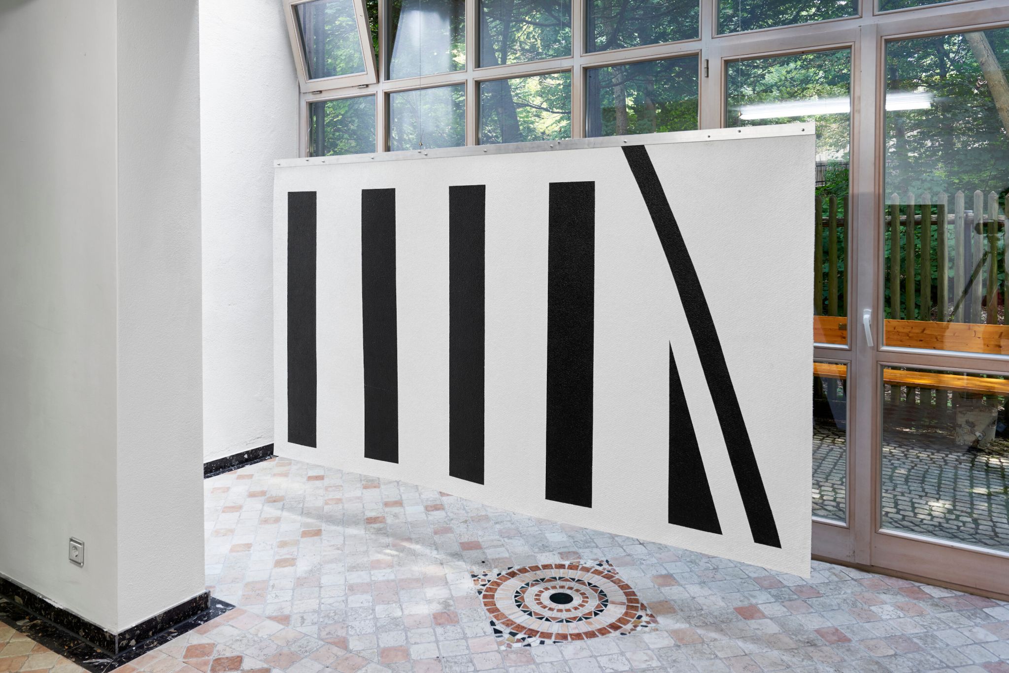 Gerry Bibby and Henrik Olesen, Zebrastreifen, 2016, Carpet, paint, steel, aluminium, 150 ⁠× ⁠260 ⁠⁠cm
