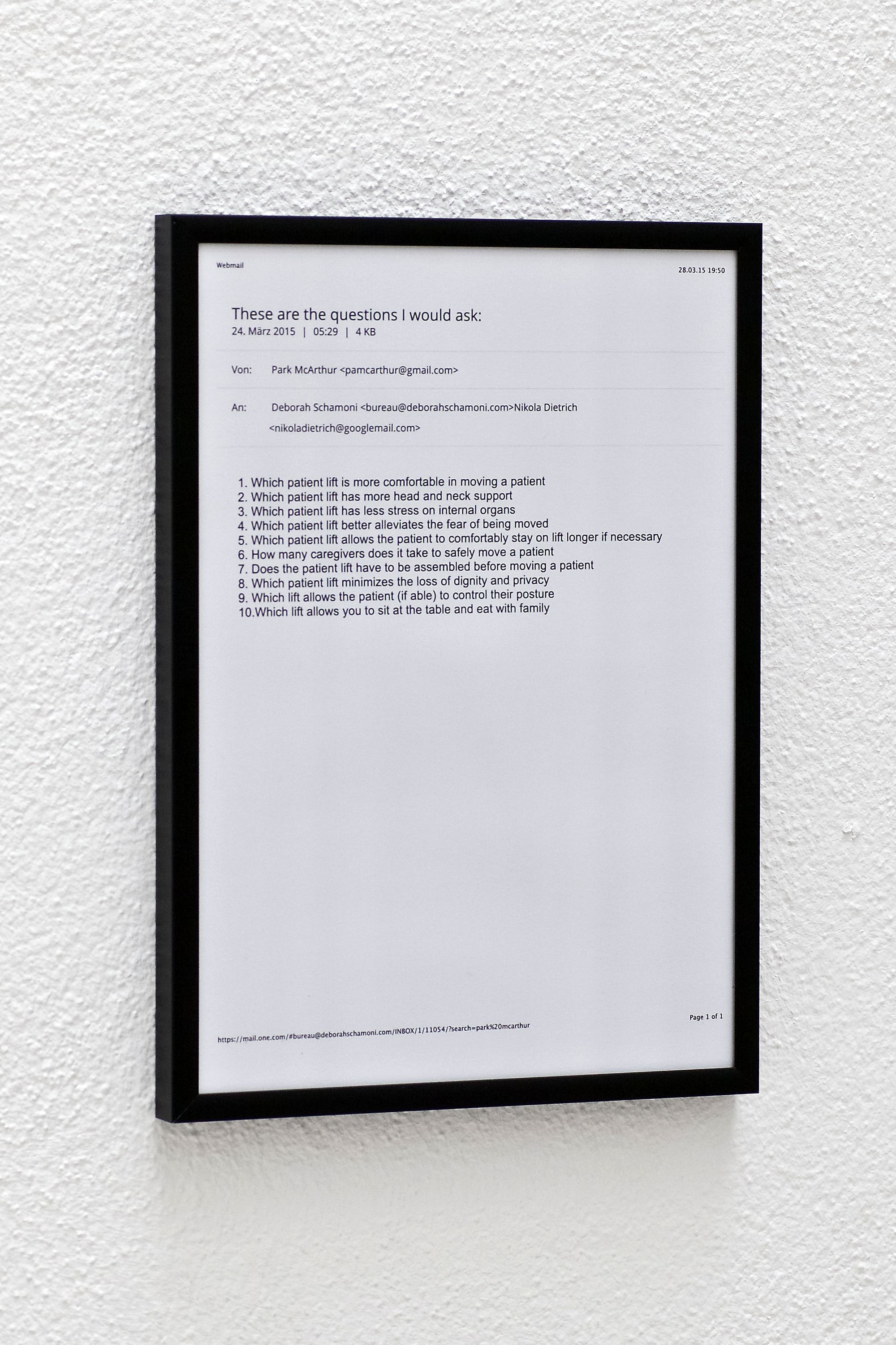 Park McArthur, These are unique questions that I would ask, 2015, Unique print, 27.94 ⁠× ⁠21.59 ⁠⁠cm, framed