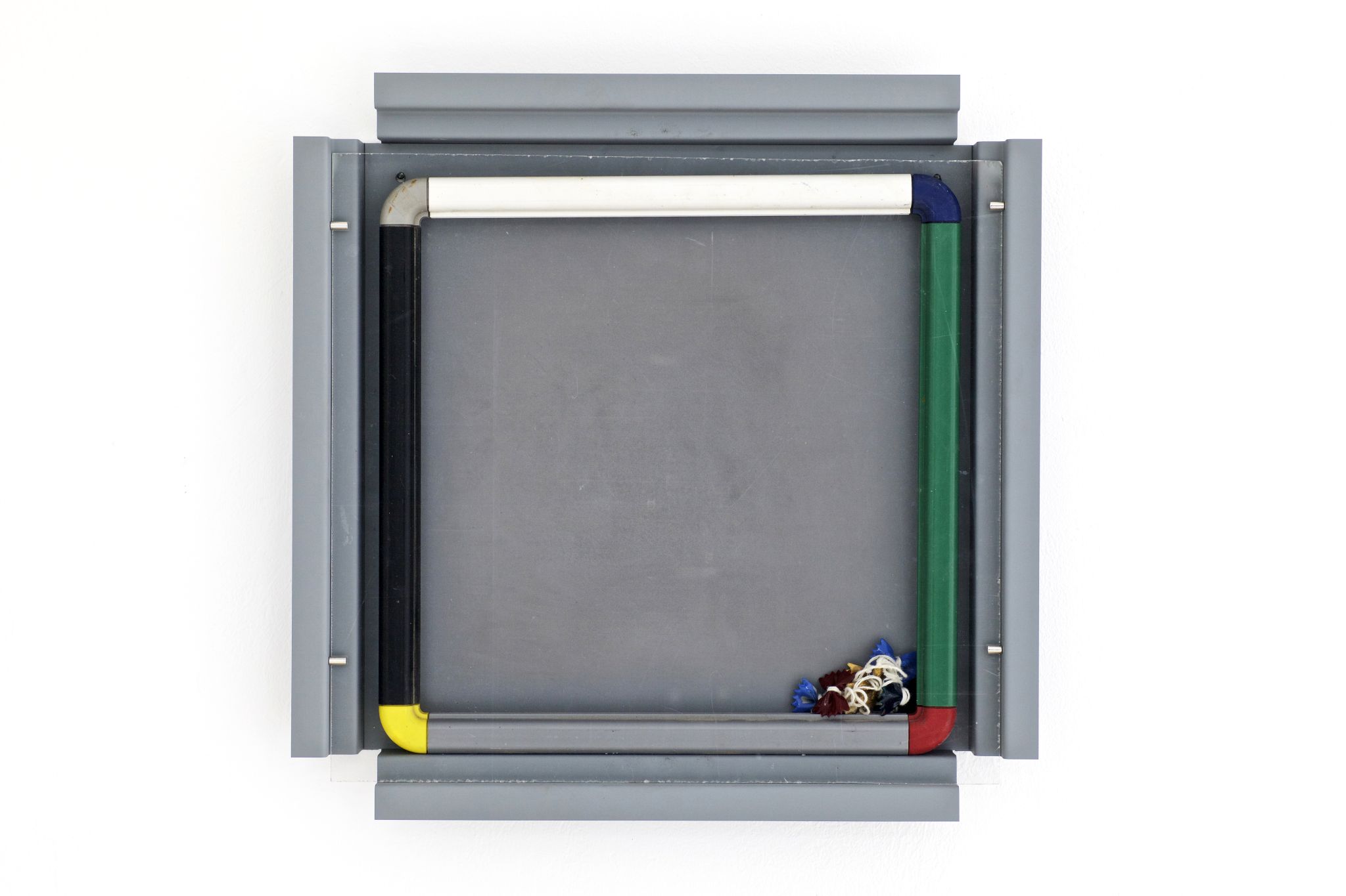 Manfred Pernice, cassette club1, 2015, Magnet, plexi, metal, pasta, string, plastic, 42 ⁠× ⁠42 ⁠⁠cm