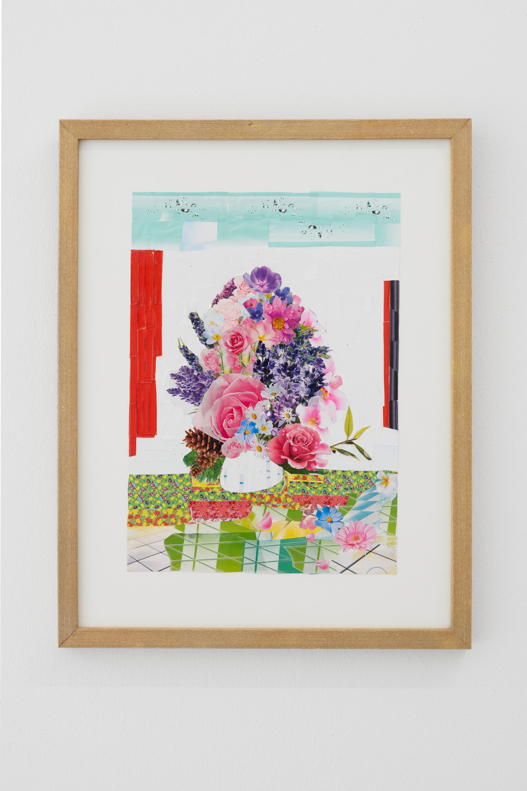 Jumana Manna, Still Life with a Bouquet of Flowers, 2018, Collage on paper from cleaning product labels, 41.10 ⁠× ⁠32.10 ⁠cm, 16 ¼ ⁠× ⁠12 ¾ inches (framed)