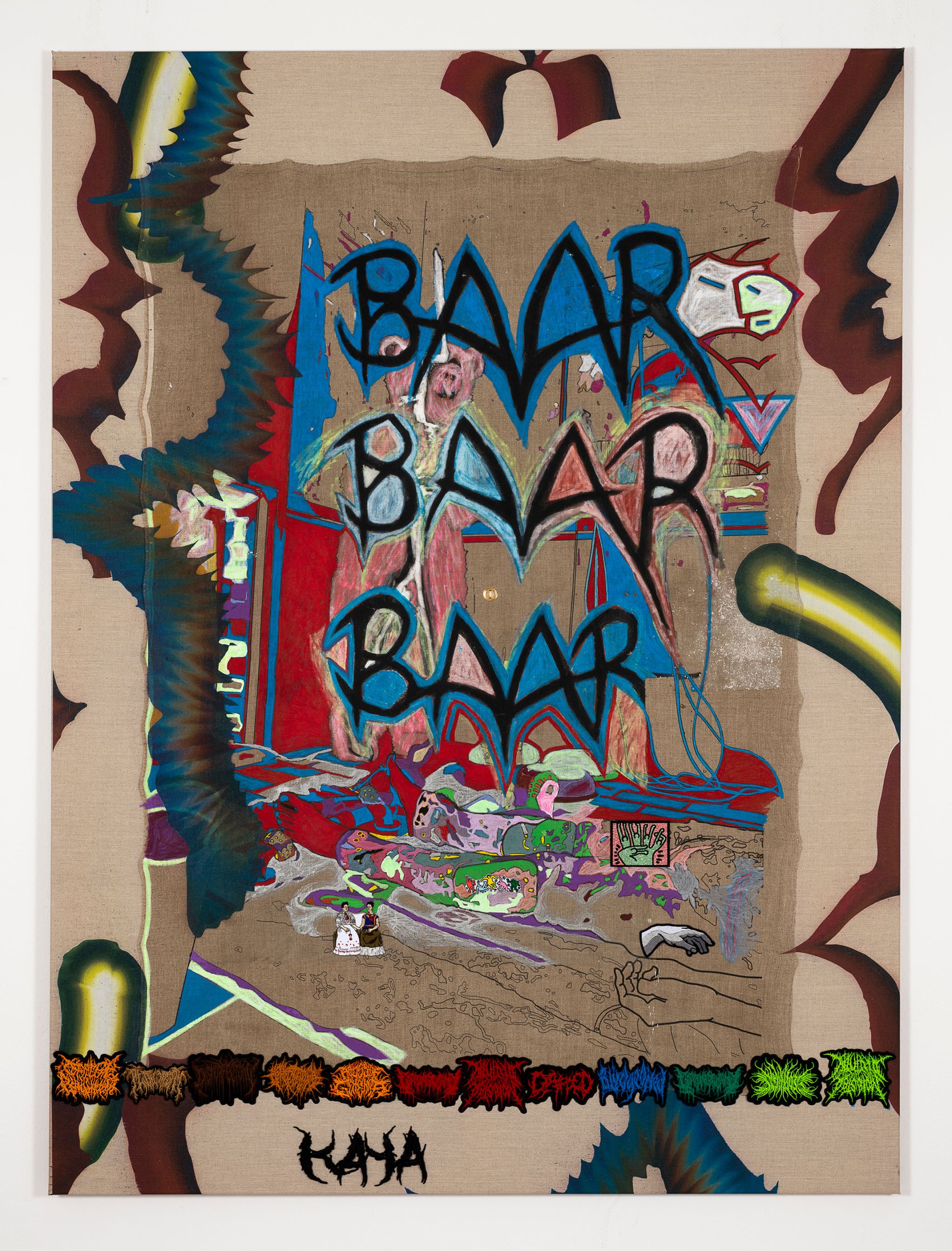 KAYA (Kerstin Brätsch & Debo Eilers), Baar Baar Baar_Bärenzwinger, Acrylic, patches, UV print, linen on linen, 175 ⁠× ⁠130 ⁠⁠cm