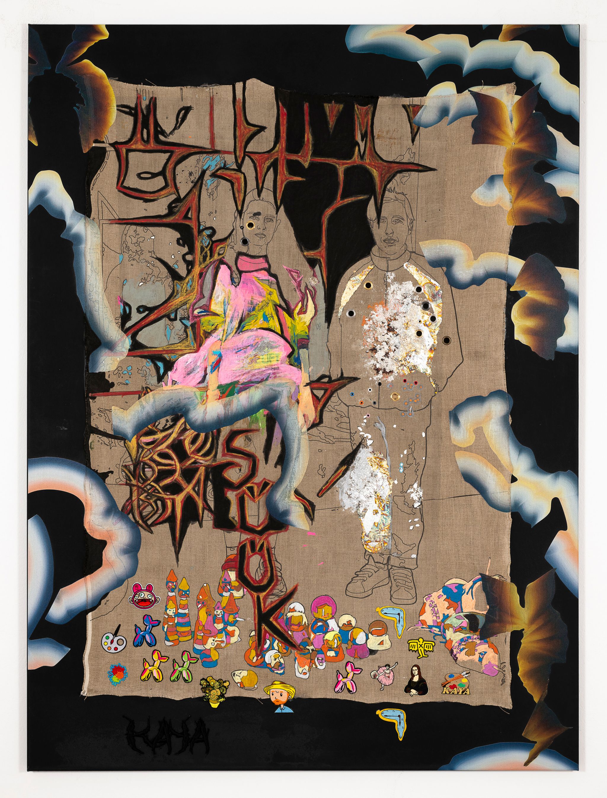 KAYA (Kerstin Brätsch & Debo Eilers), Süük_Fondazione Memmo, Acrylic, patches, UV print, gold and silver leaf, metal flakes, pigment, oil, grommets, linen on canvas, 175 ⁠× ⁠130 ⁠⁠cm