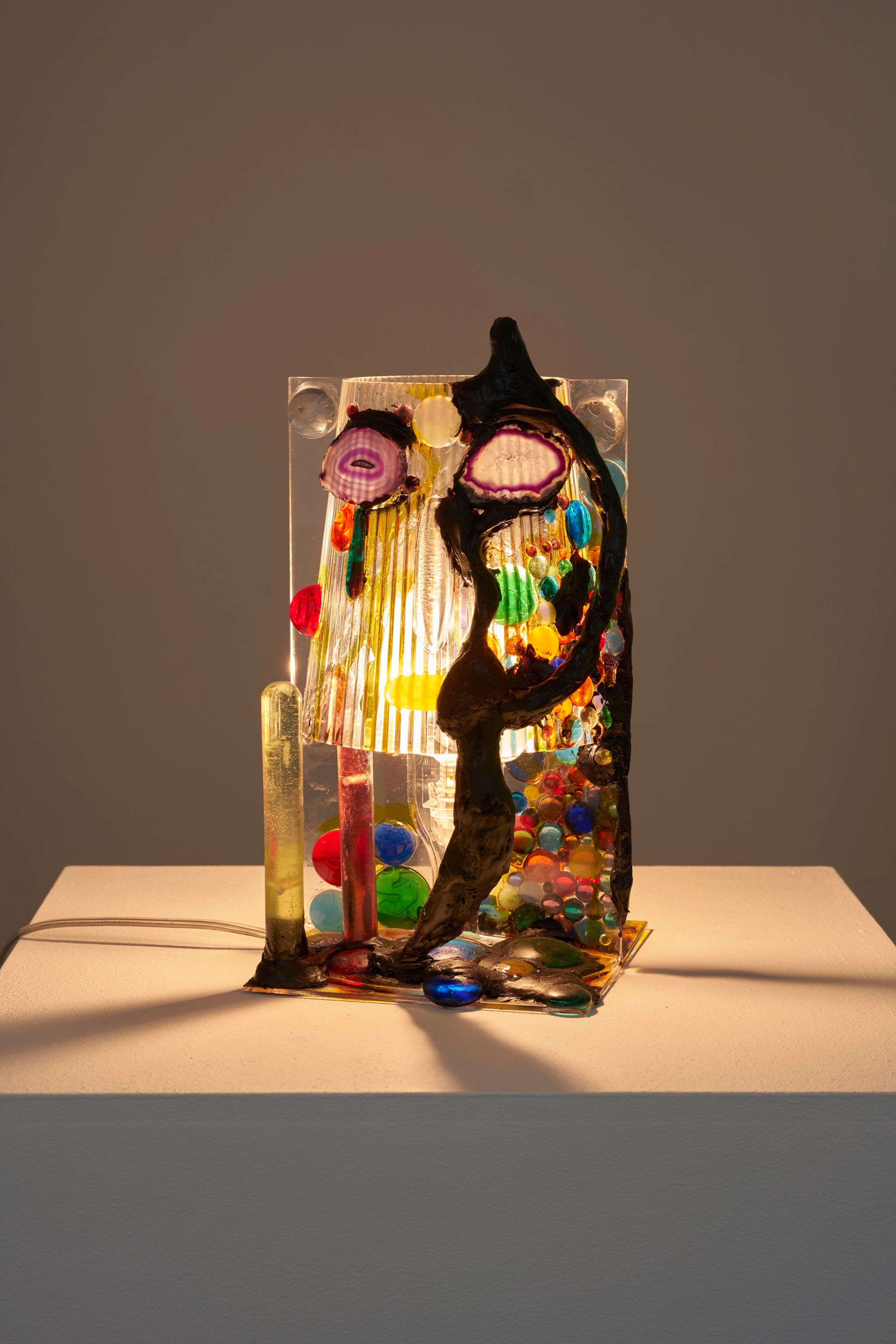 KAYA (Kerstin Braetsch & Debo Eilers), Take The Howling (white), 2019, Kartell lamp, epoxy, glass stones, drawn glass, agates, glass paint, urethane, 34 ⁠× ⁠18 ⁠× ⁠32 ⁠⁠cm