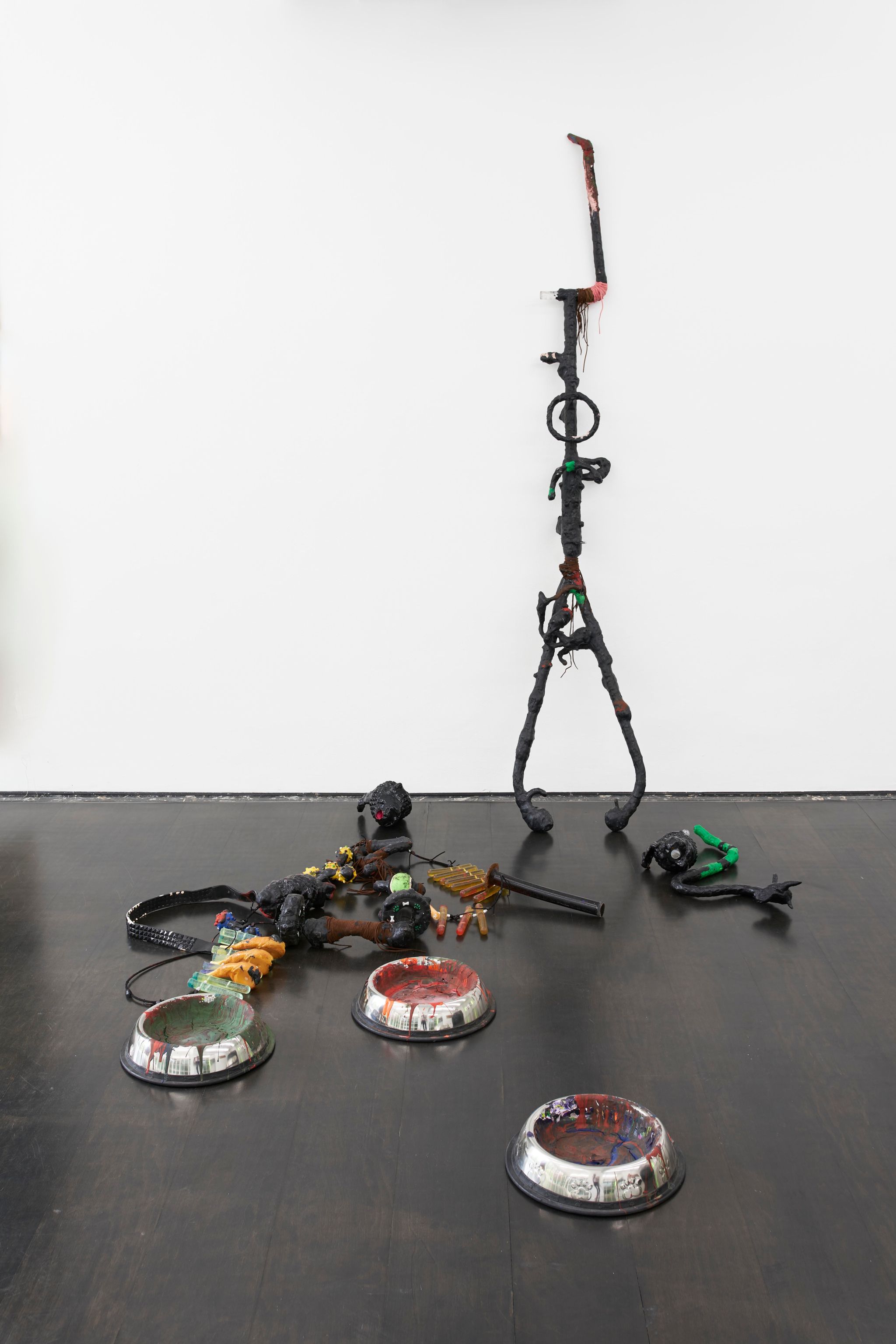 KAYA (Kerstin Braetsch & Debo Eilers), _KAYA_YONAH YOHO Necklace (healing performance for a sick painting), 2019, Epoxy, color paint, belts, acrylic rod, rope, wire, rope, duct tape, objects, aluminium bowls, Dimensions variable