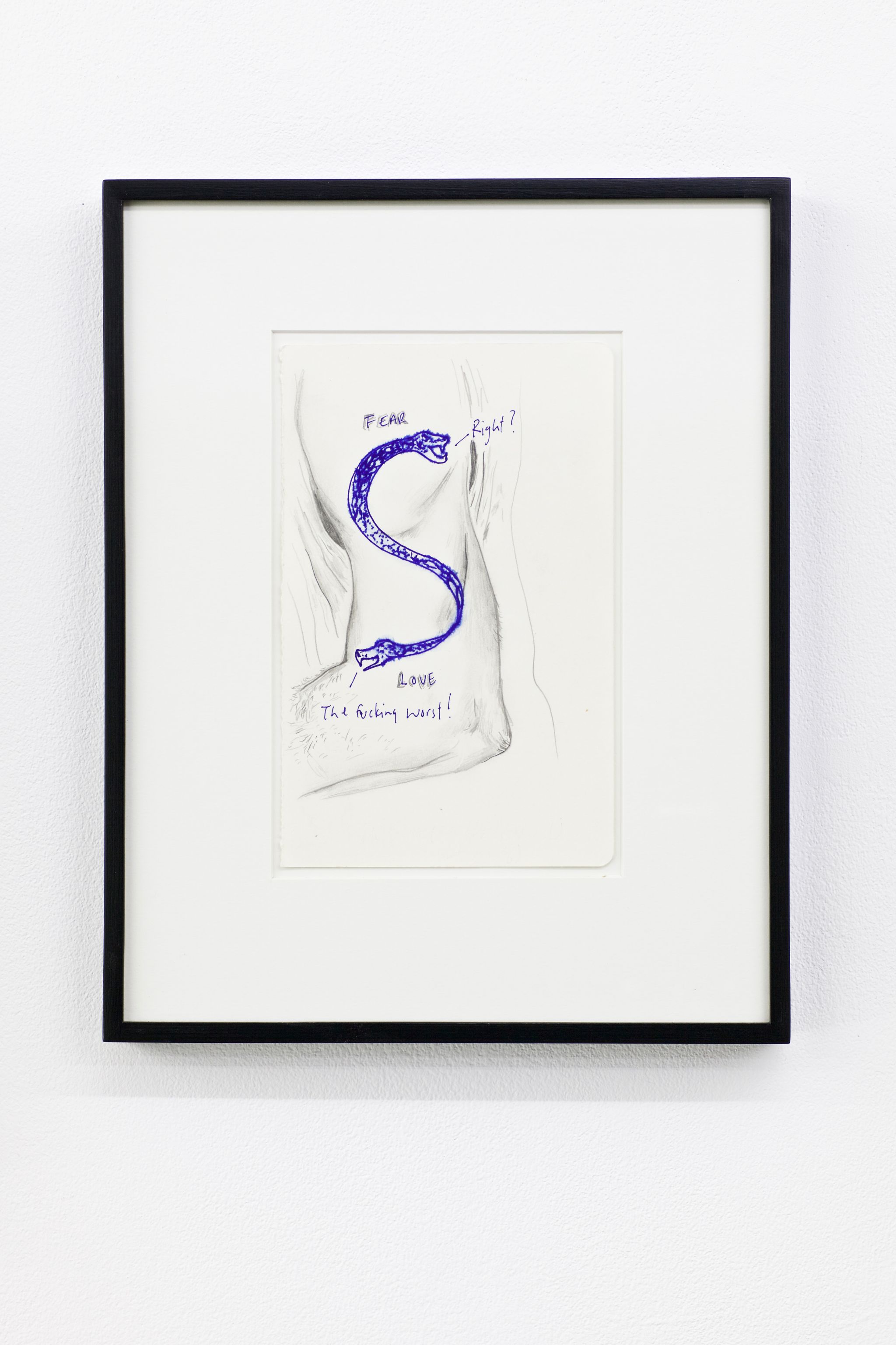 Justin Almquist, Unfortunate Tattoo Embarrassed and Complaining about Itself, 2014, Bleistift und Filzstift auf Papier, 21 ⁠× ⁠13.5 ⁠⁠cm, framed: 34,5×27,5 ⁠cm