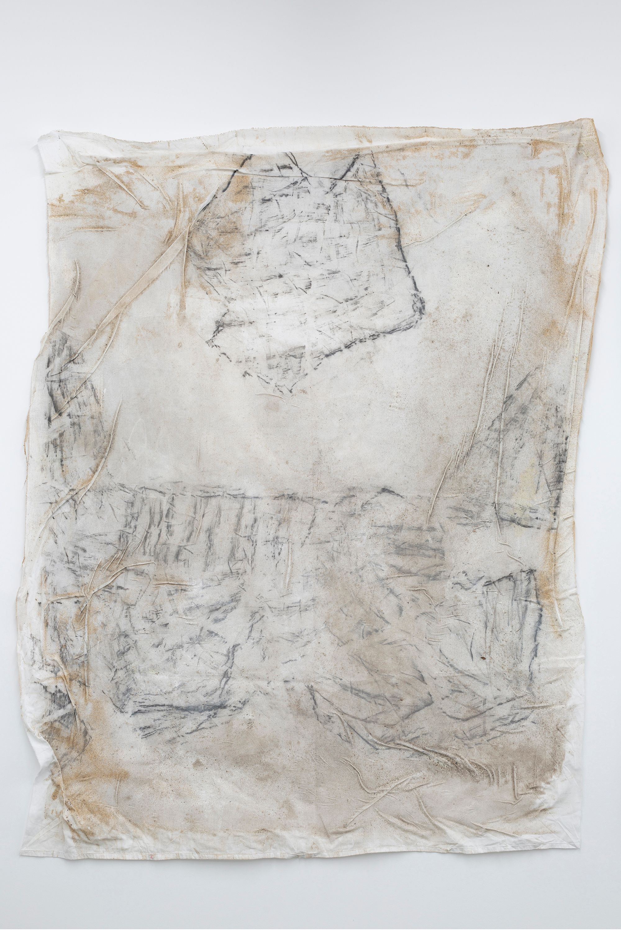 Dala Nasser, Al Bass I, 2021, Cotton, charcoal, ash, sand, 187 ⁠× ⁠145 ⁠⁠cm