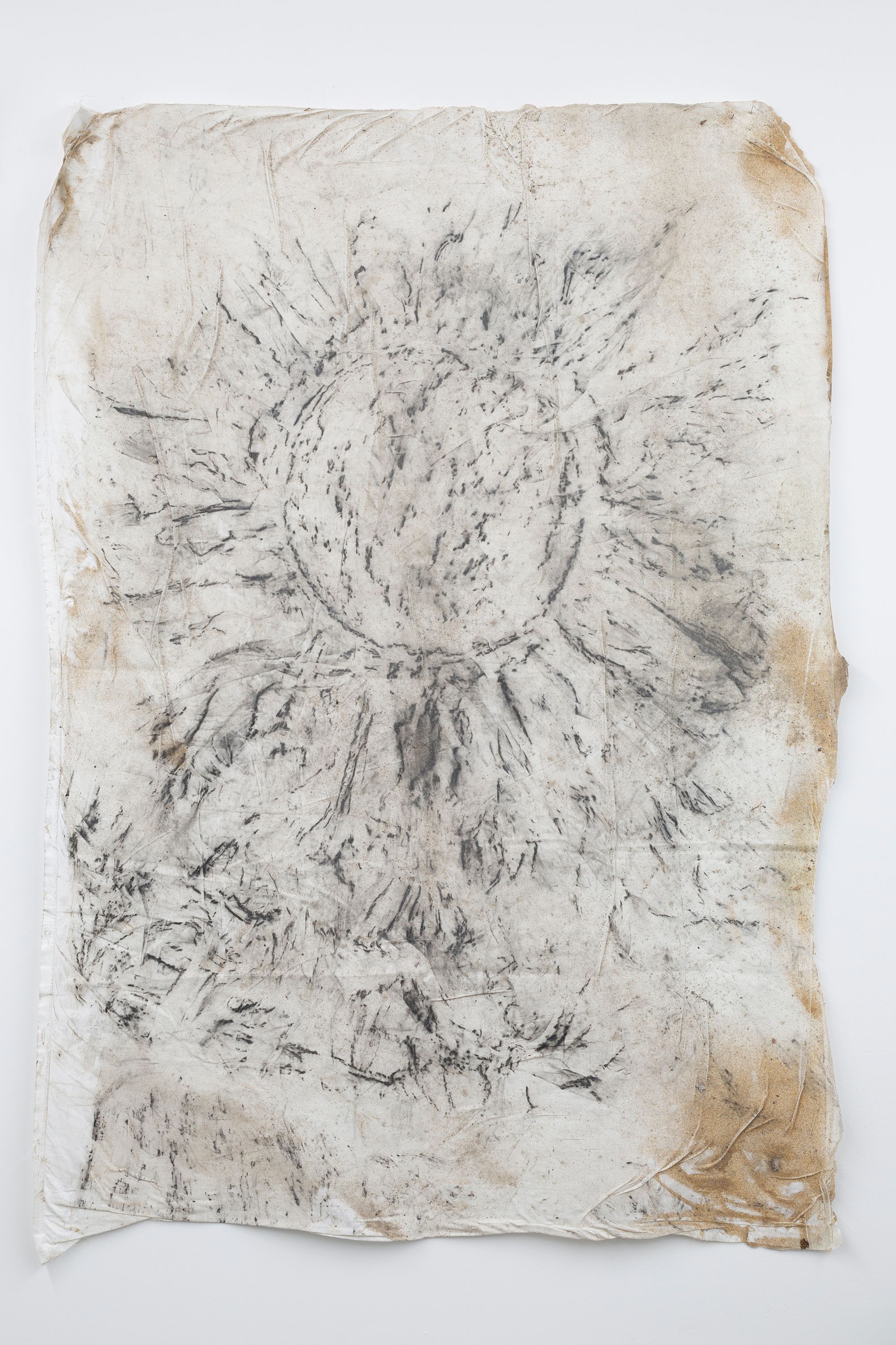 Dala Nasser, Collonade, 2021, Cotton, charcoal, ash, sand, 178 ⁠× ⁠130 ⁠⁠cm