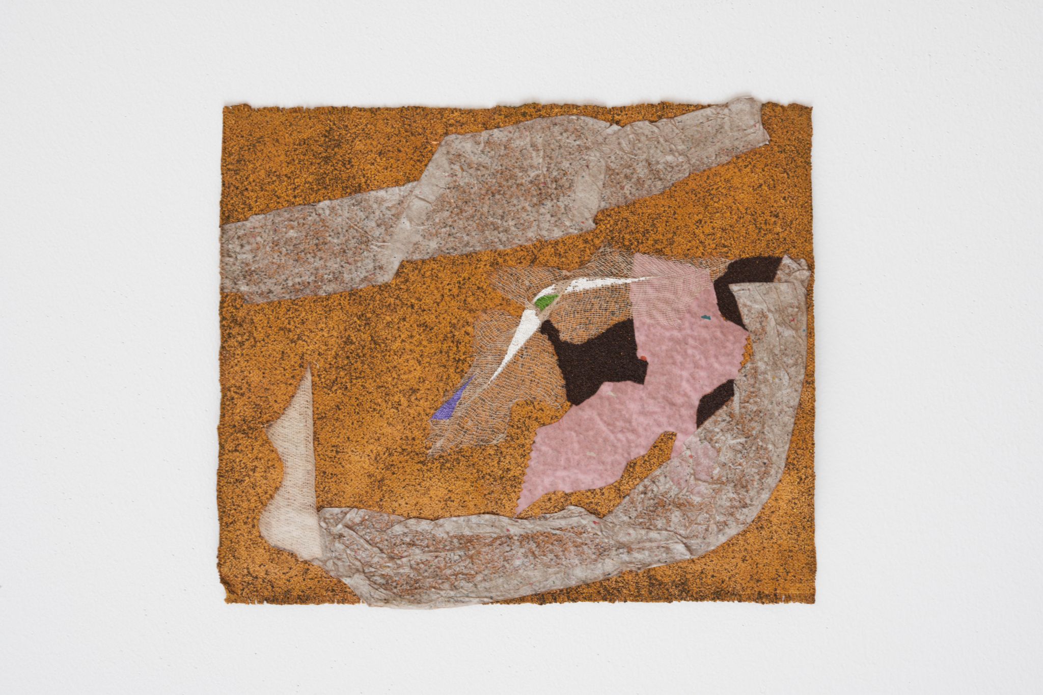 Francis Offman, <em>Untitled</em>, 2022-2024<br>Acrylic, paper, 100 lino, coffee grounds, Bolognese plaster on linen, 24 ⁠× ⁠28 ⁠cm