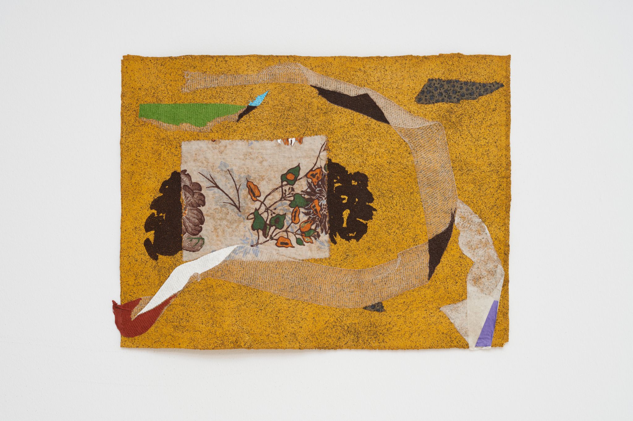 Francis Offman, <em>Untitled</em>, 2022-2024<br>Acrylic, paper, 100 cotton, coffee grounds, Bolognese plaster on cotton, 37 ⁠× ⁠51 ⁠cm