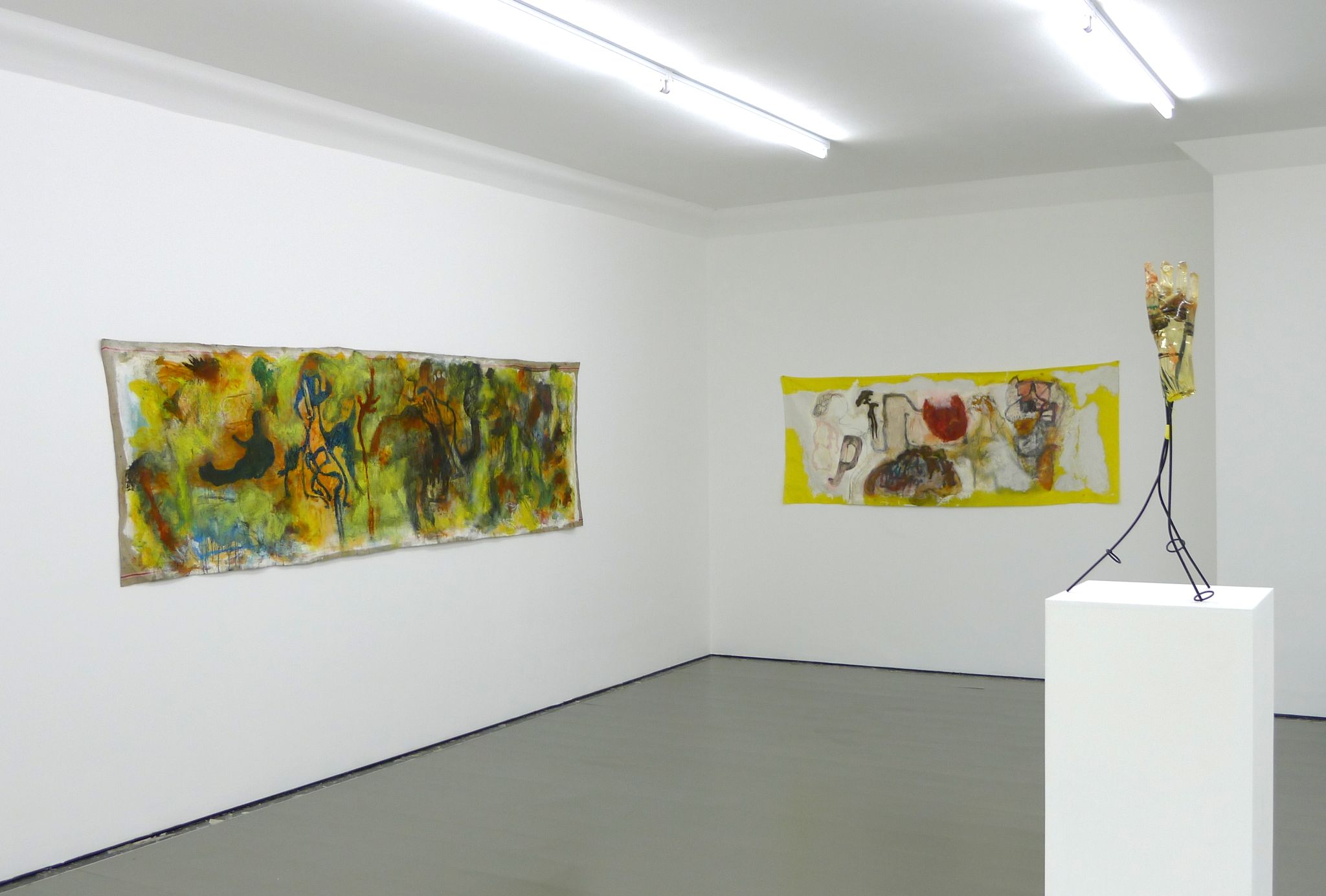Michaela Eichwald, <i>Auer Dult, die leidende Mangel</i>, 2011, oil on canvas, 85 ⁠× ⁠300 ⁠cm<br>Michaela Eichwald, <i>Die neuen Bestimmungen sind da</i>, 2013, oil on canvas, 75 ⁠× ⁠300 ⁠cm
