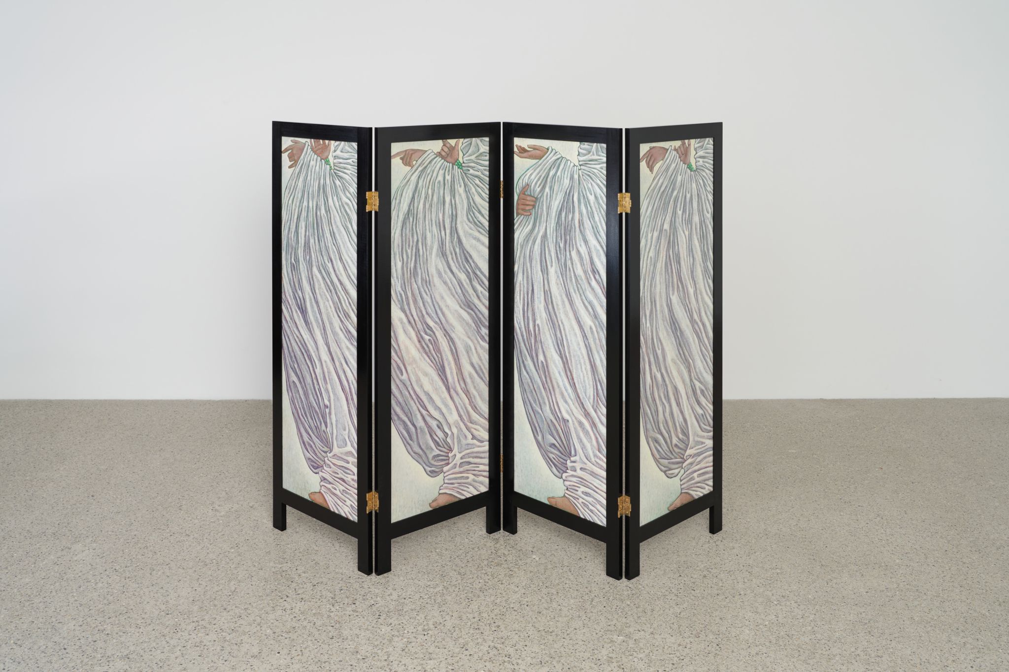 Yong Xiang Li, Parallel Support & Possess it in a Sleeve, 2023, Acrylic and varnish on gessoed linen mounted on HDF, painted beech, brass hinge, Open: 140 ⁠× ⁠200 ⁠× ⁠2 ⁠cm, Each of the four panels: 140 ⁠× ⁠50 ⁠× ⁠2 ⁠cm