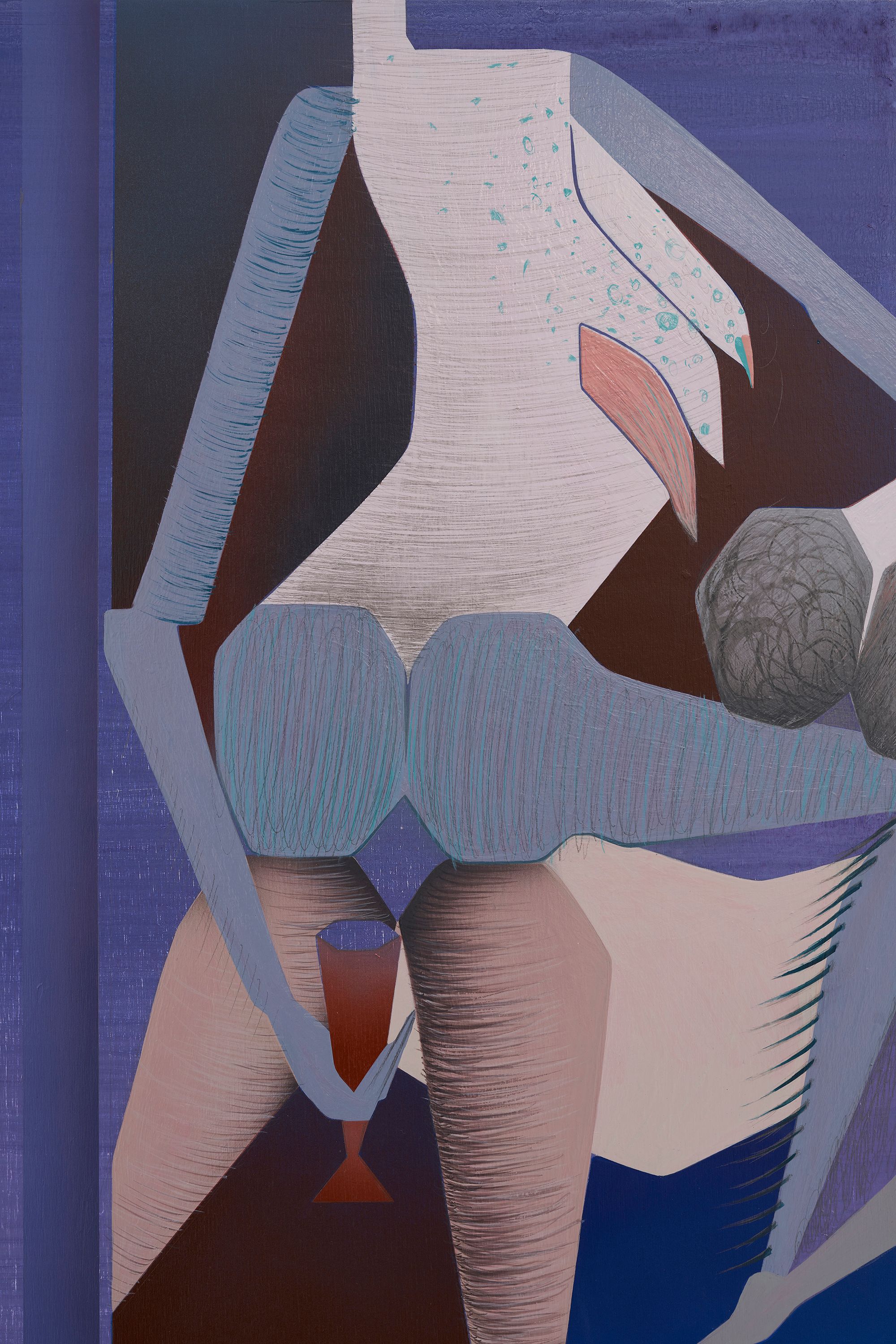 Maryam Hoseini, Evening Trouble (detail), 2021, Acrylic, ink and pencil on wood panel, 101.6 ⁠× ⁠76.2 ⁠⁠cm