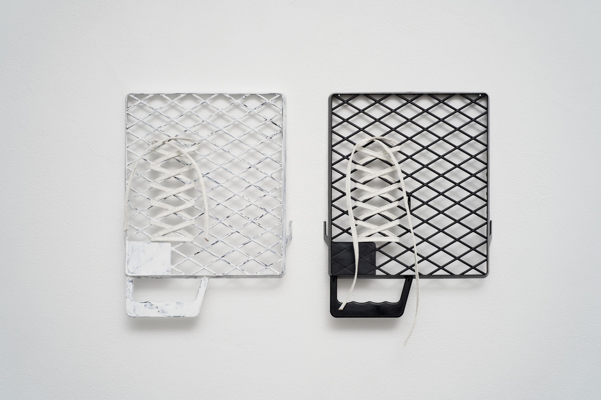 Davide Stucchi, Laces with no traces #1 & #2, 2023, Plastic paint roller grid, domestic wall paint, stitched primed canvas, 29.5 ⁠× ⁠20.5 ⁠× ⁠1 ⁠⁠cm, (each)