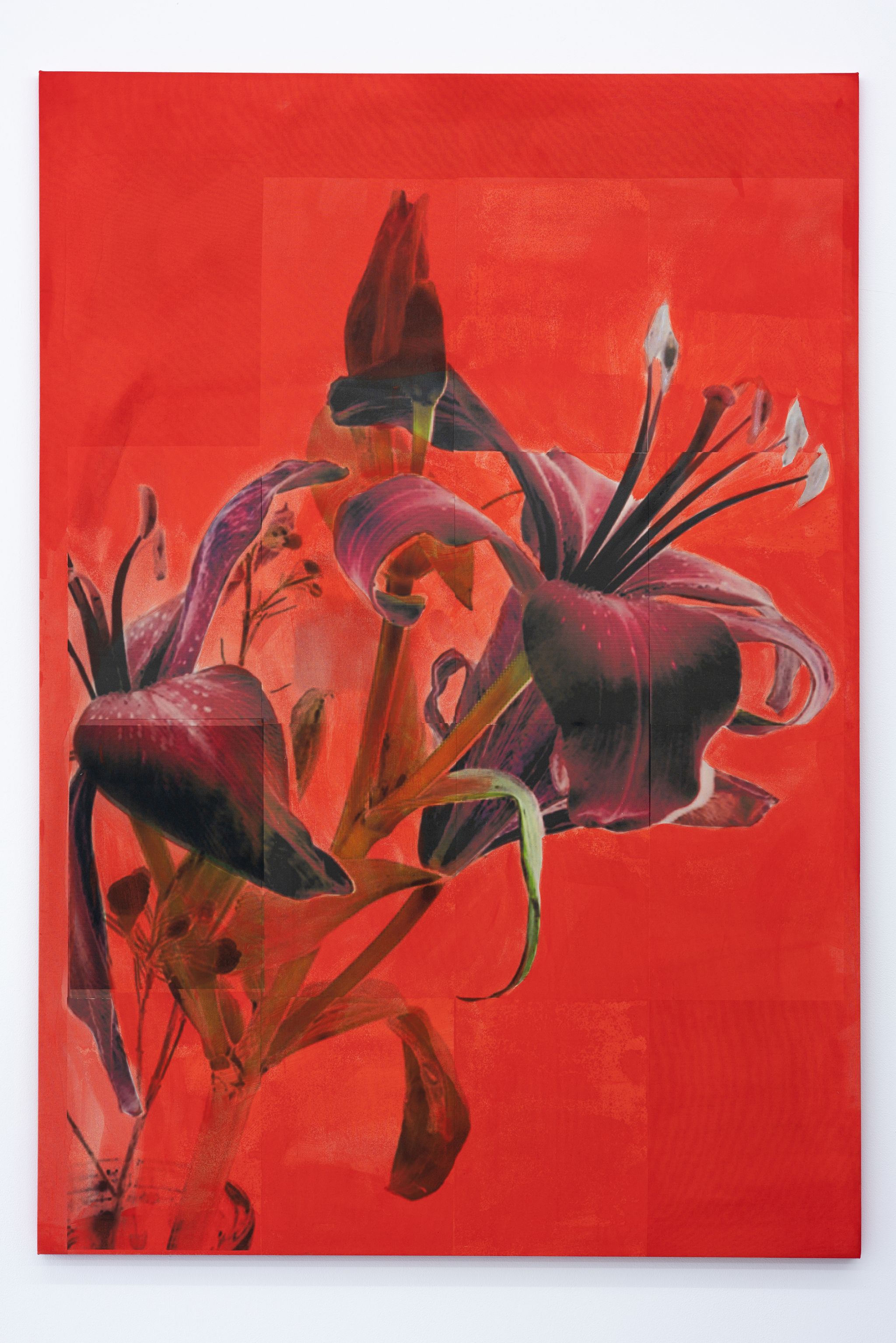 Tobias Spichtig, Lilien in ihrem natürlichen Umfeld, 2019, Oil and vinyl print on canvas, 180 ⁠× ⁠125 ⁠⁠cm