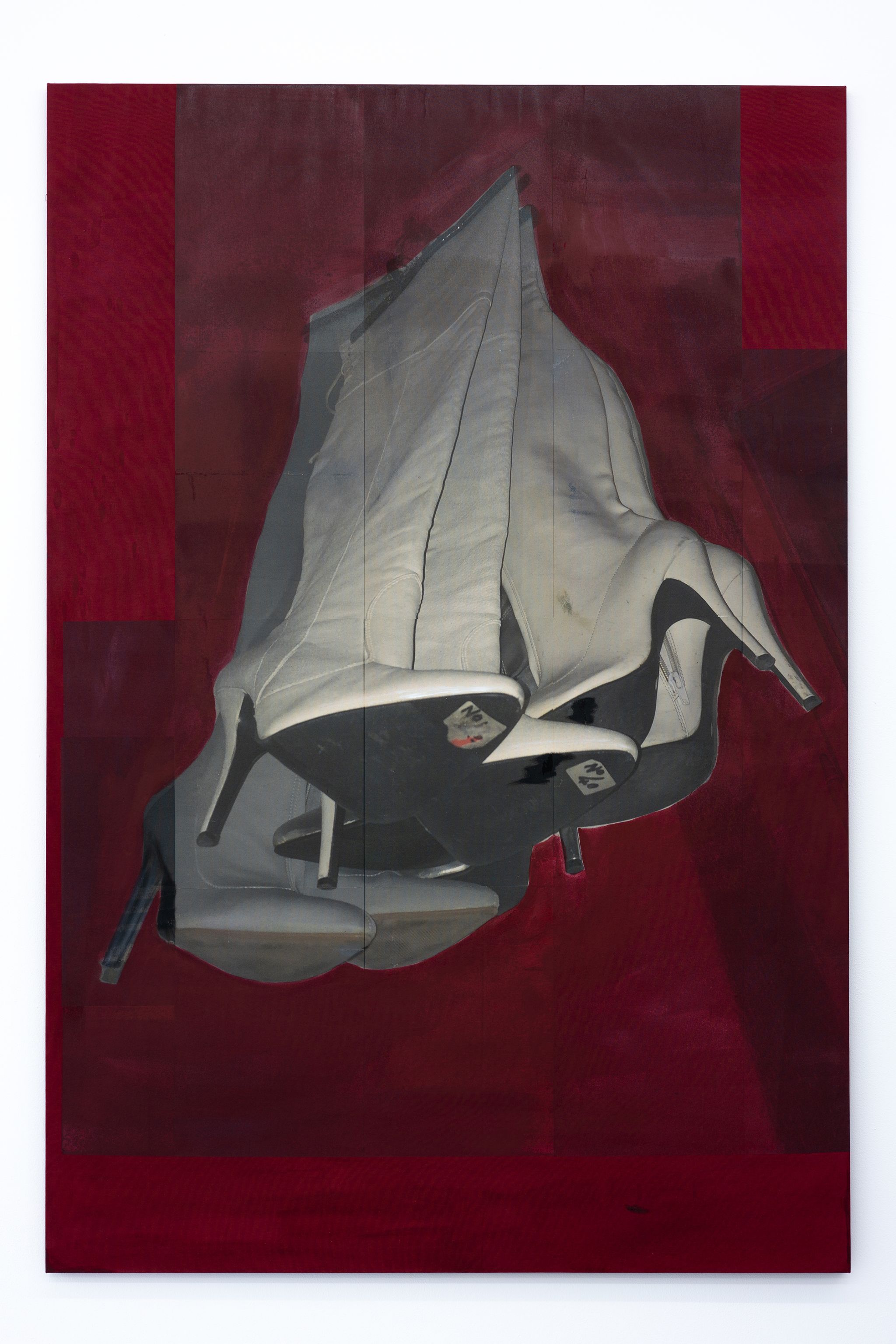 Tobias Spichtig, Die Stiefel der Nachbarin, 2019, Oil and vinyl print on canvas, 185 ⁠× ⁠125 ⁠⁠cm