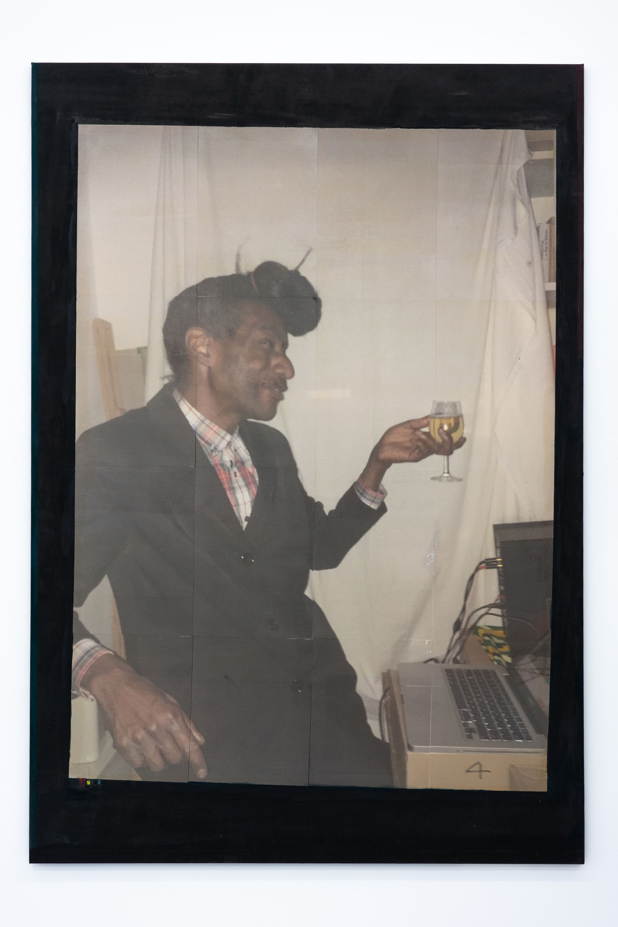 Tobias Spichtig, Eric D. Clark, 2019, Oil and vinyl print on canvas, 195 ⁠× ⁠135 ⁠⁠cm