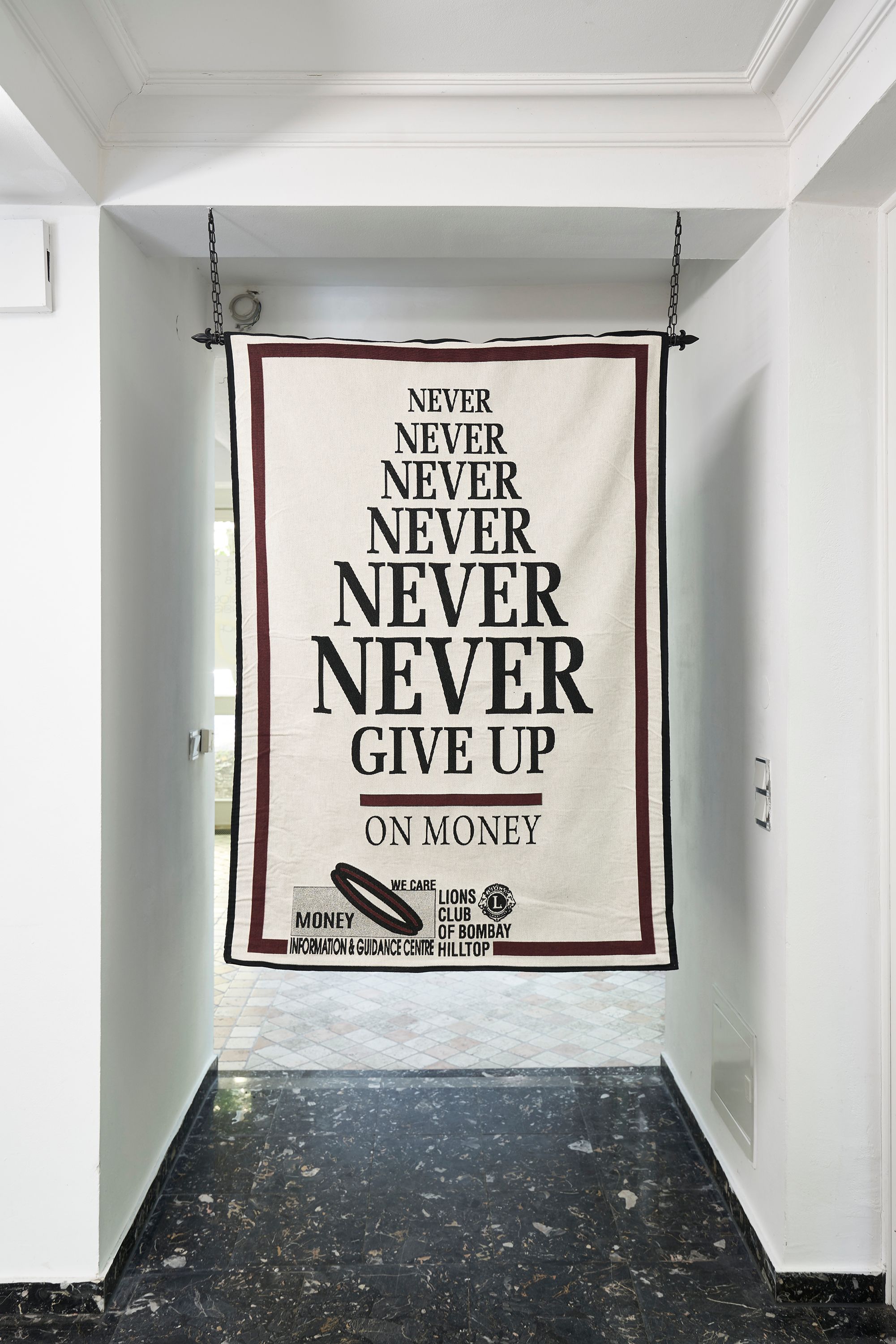 Amalia Ulman, Never Give Up On Money, 2016, Digitally woven tapestry with presentation pole, 135 ⁠× ⁠96 ⁠⁠cm