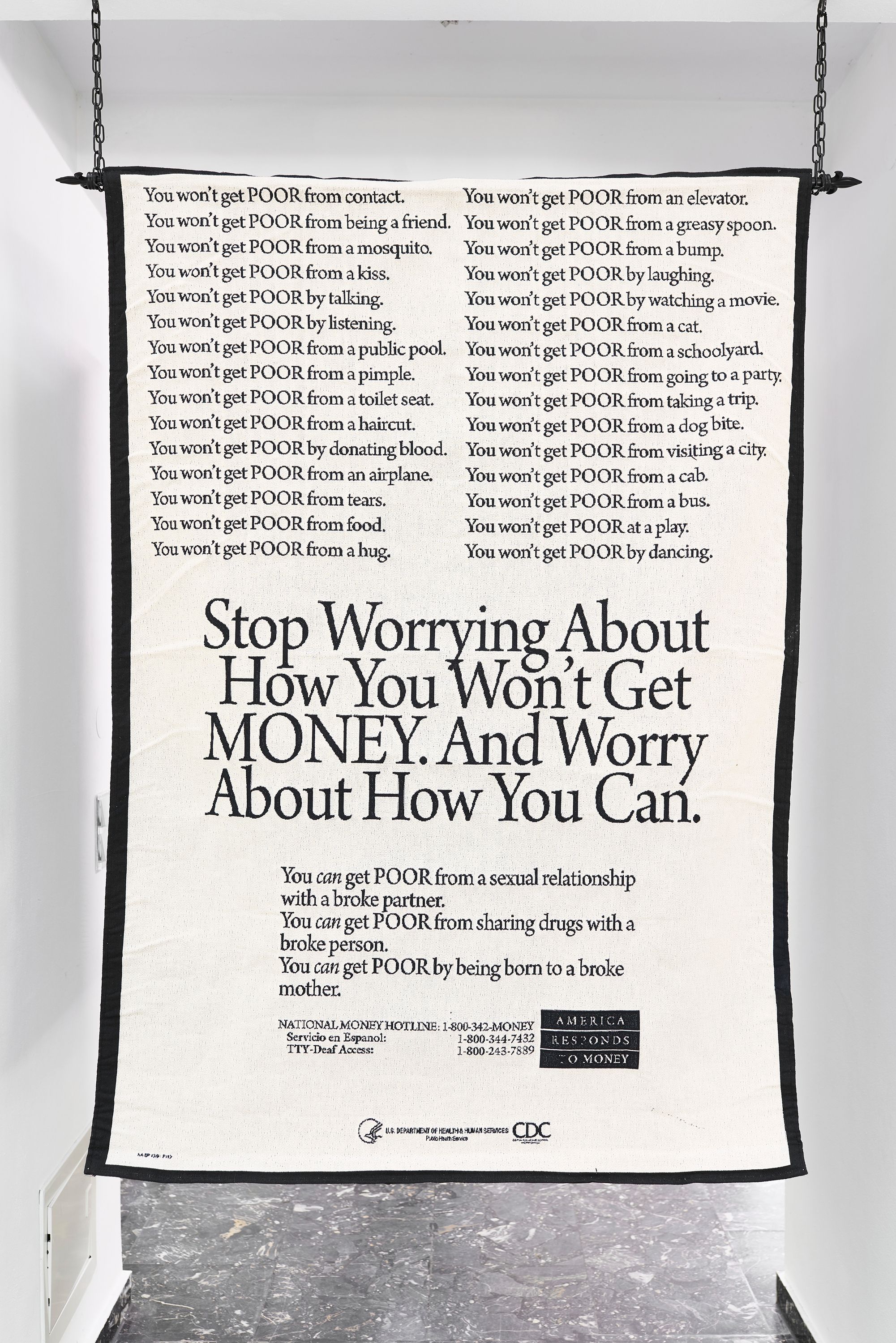 Amalia Ulman, Stop Worrying About How You Won’t Get MONEY, 2016, Digitally woven tapestry with presentation pole, 135 ⁠× ⁠96 ⁠⁠cm