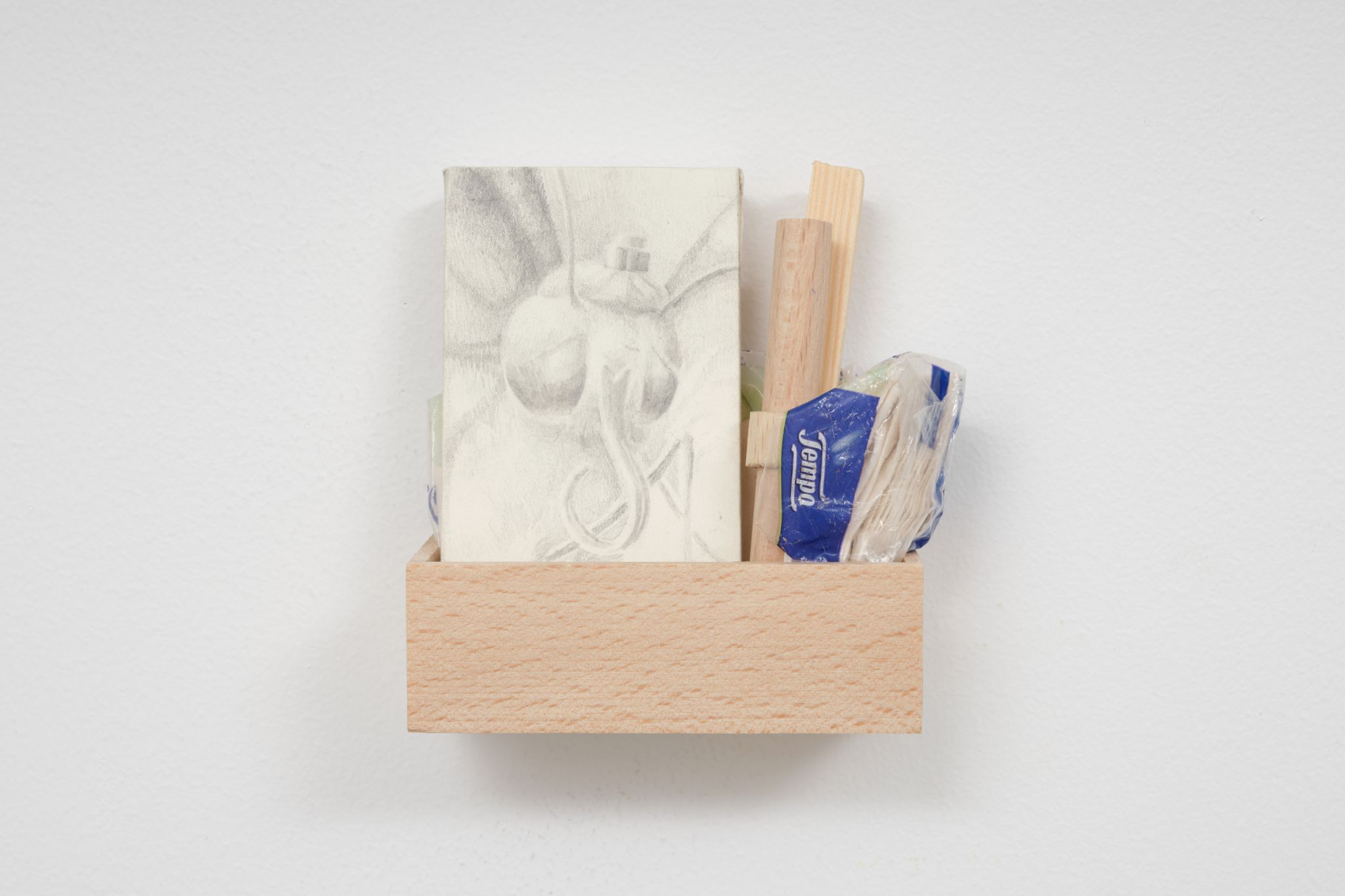 Nicholas Stewens, Sorry you’re sick, 2024, Pencil on paper, wood, tissues (tempo), 10 ⁠× ⁠8 ⁠× ⁠4 ⁠⁠cm